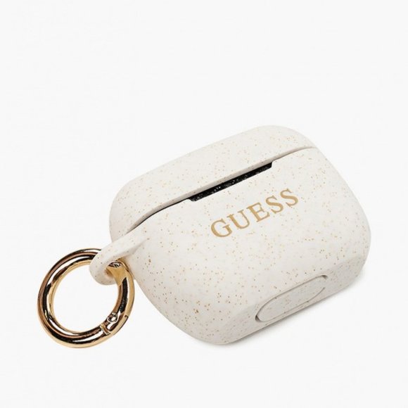 GUESS White Gold Glitter AirPod PRO Keychain Ring Silicone Case - Picture 4 of 6